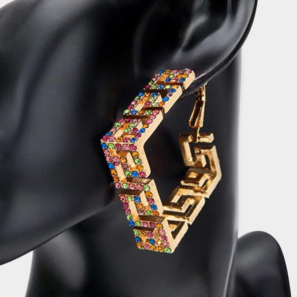 MultiColored Gold Greek Key Patterned Rhinestone Crystal Square Hoop Earrings - Picture 2 of 2